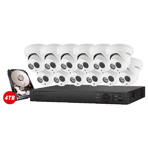 16-channel Galaxy Platinum Series 2MP 5-in-1 HD analog turret security camera kit with multiple cameras and accessories.
