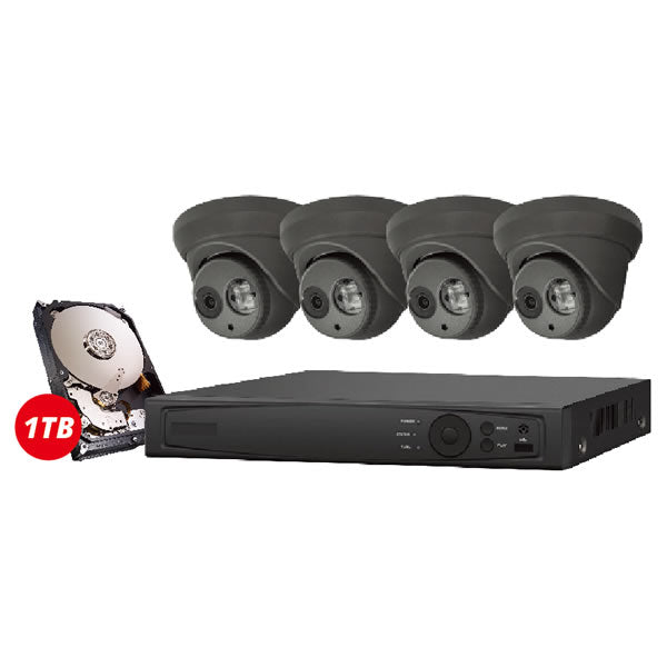 4-channel Galaxy Platinum Series 2MP 5-in-1 HD analog turret security camera kit with four cameras and mounting hardware