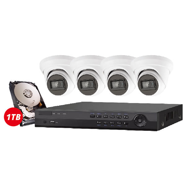 4-channel Galaxy Platinum Series 5MP 5-in-1 HD analog turret security camera kit with four cameras and mounting hardware.