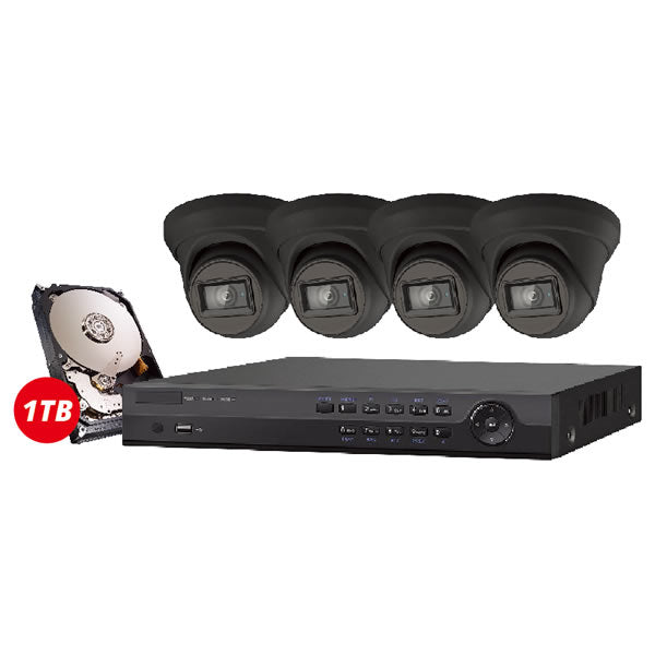 4CH Galaxy Platinum Series 4K 5-in-1 HD analog turret security camera kit with four cameras and mounting hardware.