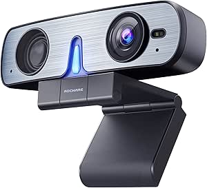 Rocware webcam with adjustable stand and built-in microphone, captured from front view showing lens and control buttons