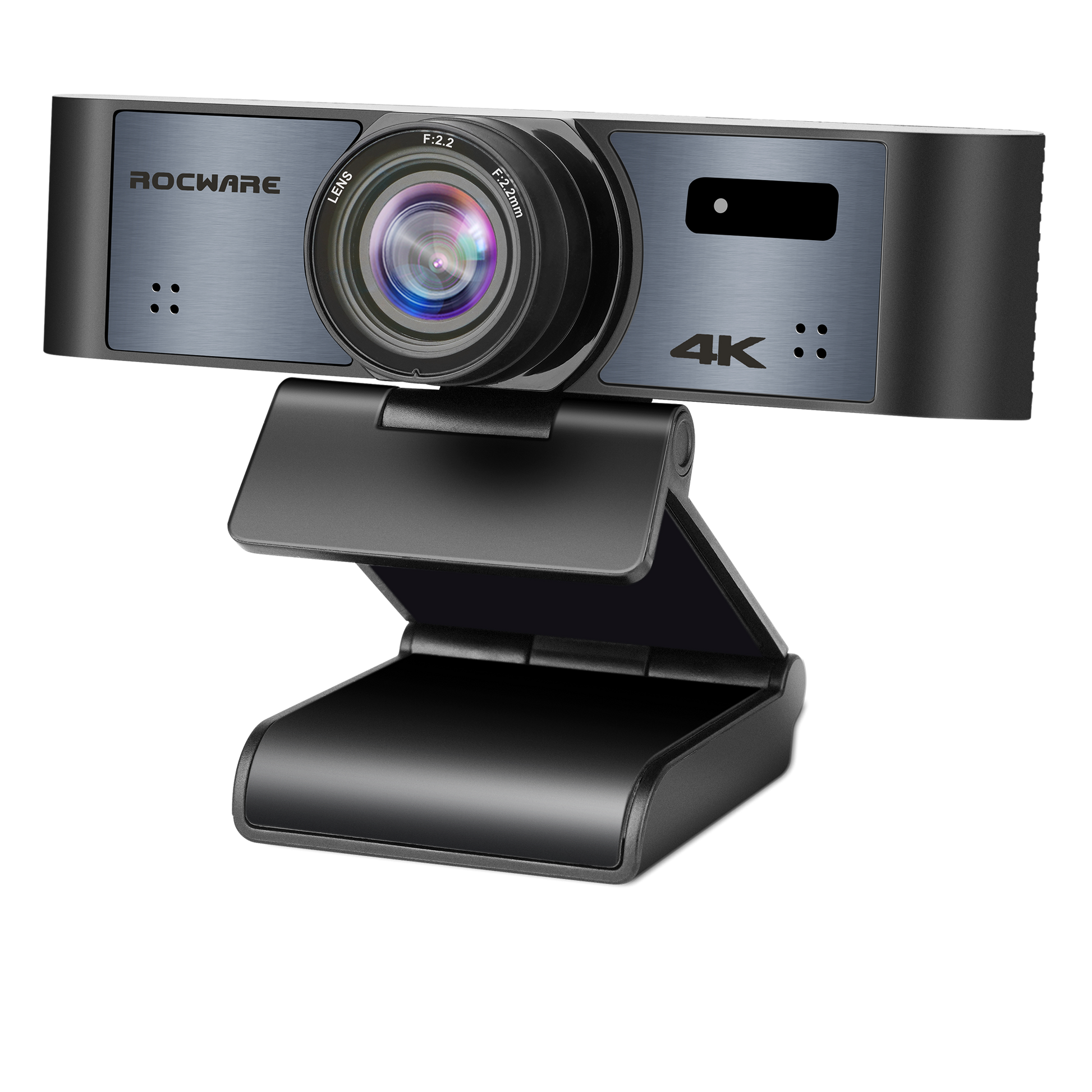 Rocware 4K Webcam capturing clear video with a built-in microphone, featuring a sleek black design and adjustable stand.