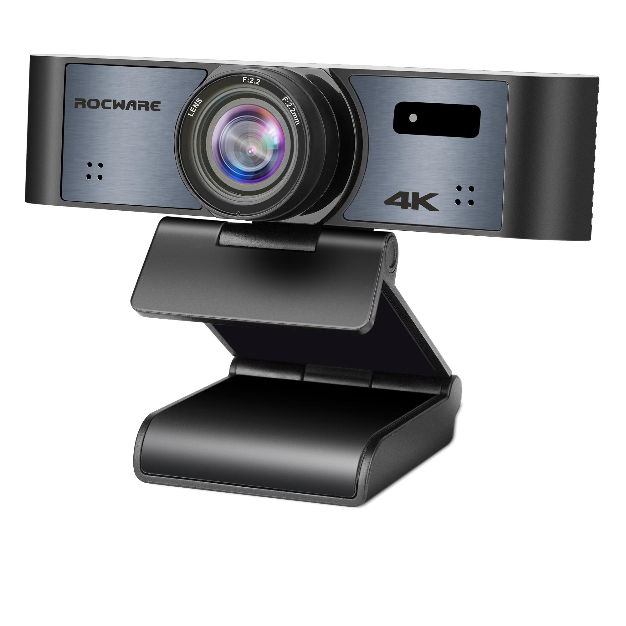 Rocware 4K Webcam capturing clear video with a built-in microphone, featuring a sleek black design and adjustable stand.