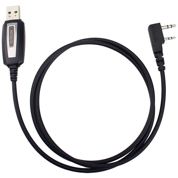 Retevis 2-pin programming cable for radio communication devices, shown with black and red connectors and cable.