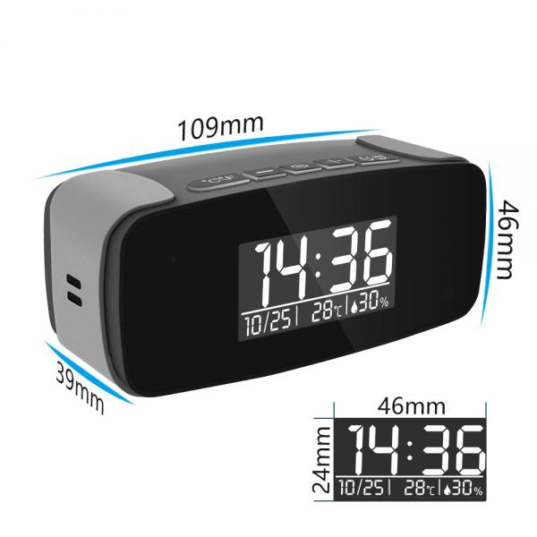 Galaxy Secreteyes HD 1080P tiny WiFi spy security camera with clock display, compact design, ideal for discreet surveillance.