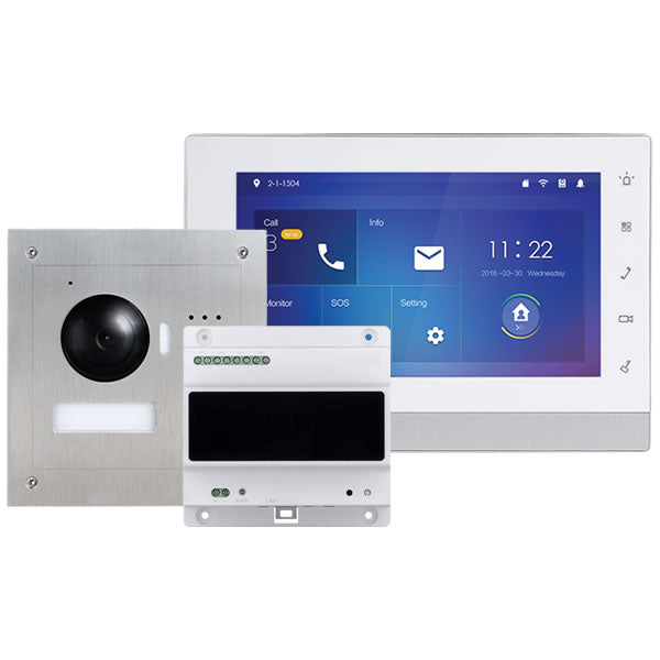 Galaxy Hunter Series 2-wire IP intercom kit with outdoor monitor and indoor station, featuring sleek design and user-friendly interface.
