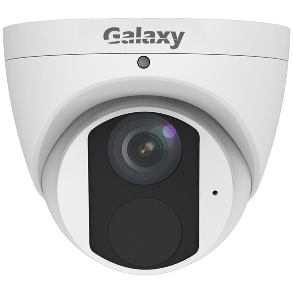 Galaxy Pro 4MP Starlight IR fixed turret IP camera with infrared illumination, black color, mounted on wall for security surveillance.