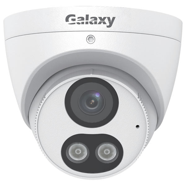 Galaxy Pro AI 5MP LED turret camera with active deterrence, fixed IP, color night vision, and AI analytics.