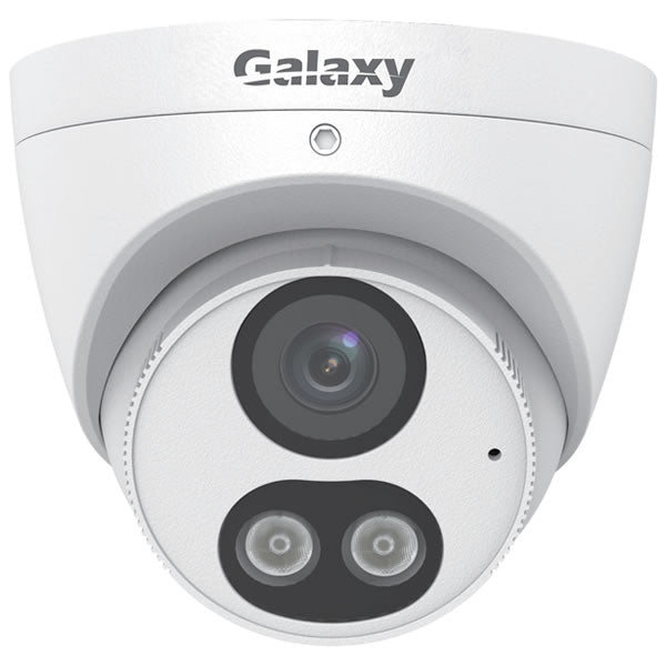 Galaxy Pro 5MP AI ColorHunter turret security camera with built-in microphone and LED indicator, fixed lens for clear surveillance.