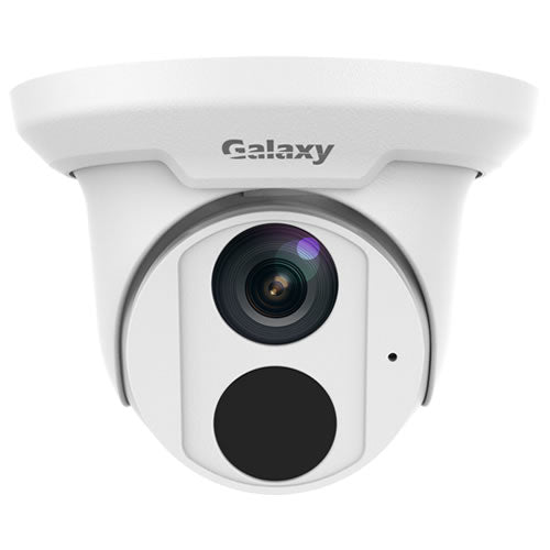 Galaxy Pro 8MP IR turret IP camera with 4mm lens, featuring infrared night vision and sleek black design.