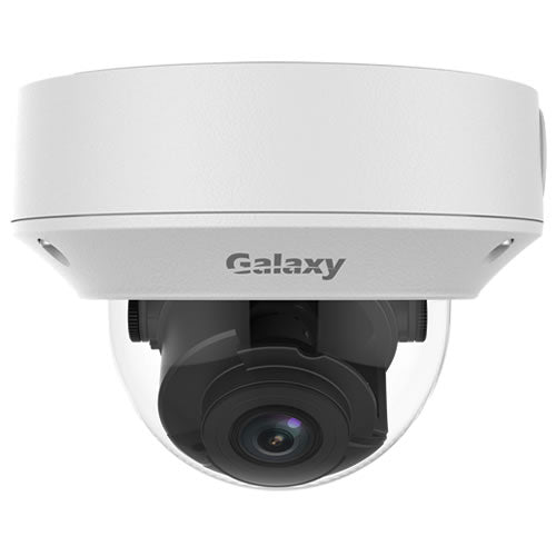 Galaxy Pro 8MP motorized IR dome IP camera with 2.8-12mm lens, featuring adjustable zoom and night vision.
