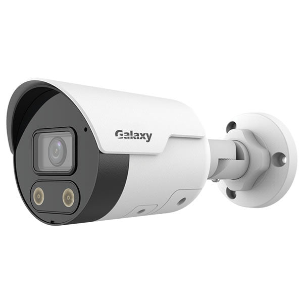 Galaxy Pro AI 5MP color bullet security camera with LED, active deterrence, fixed IP, and sleek black design.