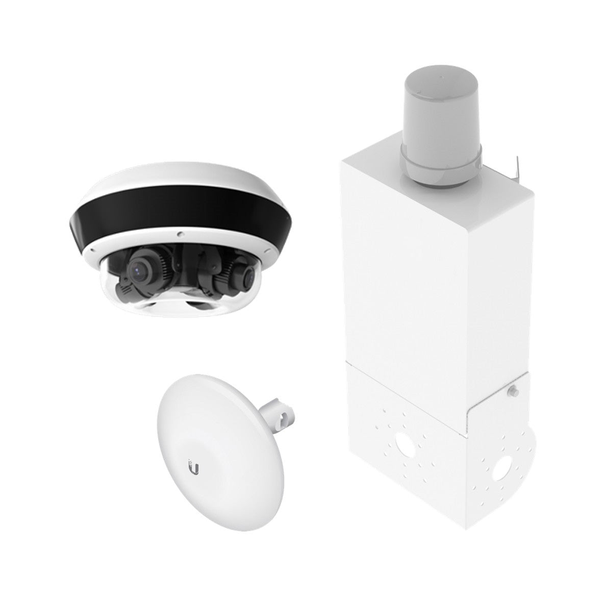 Wireless video station with 20MP multi-lens vari-focal IP camera, featuring sleek design and multiple lens options for surveillance.