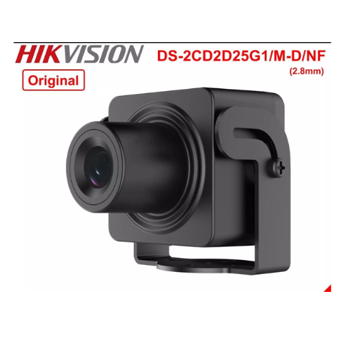 Hikvision 2MP Cube IP Camera DS-2CD2D25G1/M-D/NF with 2.8mm lens, mounted on a ceiling for security surveillance.
