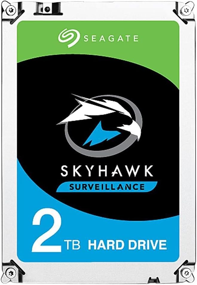 Seagate SkyHawk 3.5-inch 2TB HDD with 7200RPM, 256MB cache, SATA interface, shown in a close-up image.