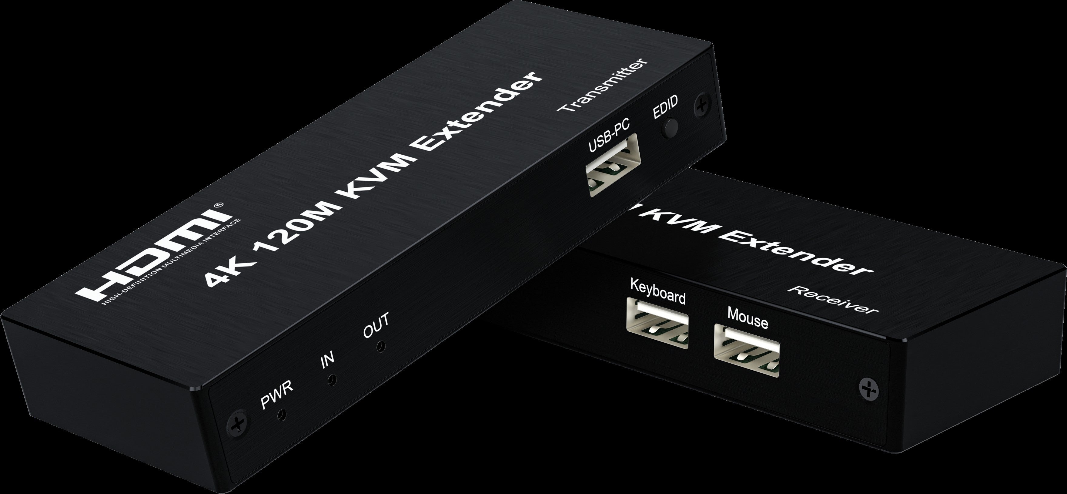 Galaxy Security 4K HDMI KVM extender showing connections between HDMI source and remote monitor with control unit.