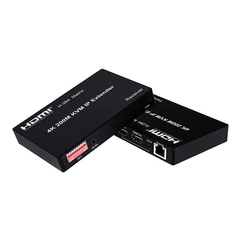 Galaxy Security 4K 200M HDMI KVM IP extender with audio, showing the device connected to a monitor and keyboard setup.