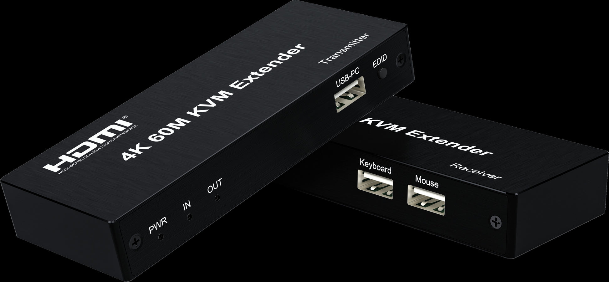 Galaxy Security 4K 60M HDMI KVM extender showing HDMI connection and setup for high-resolution video and keyboard-mouse control.