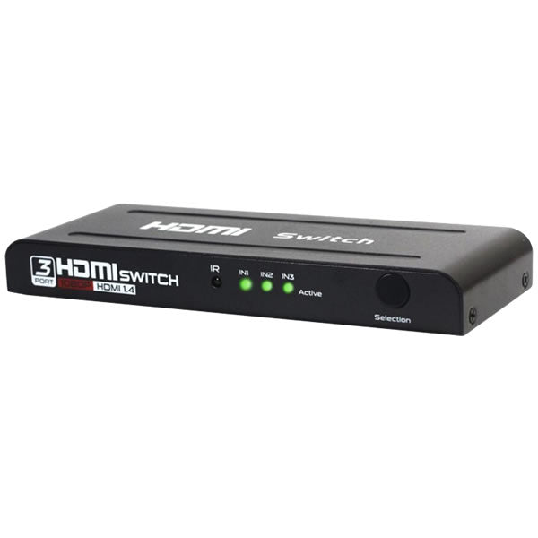 3-to-1 HDMI V1.4 selector switcher with remote, supporting Full HD 1080p, featuring three input ports and one output.