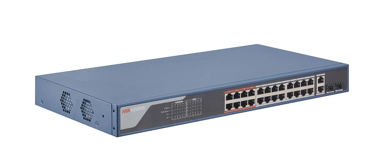 Hikvision DS-3E1326P-EI network switch with multiple Ethernet ports, mounted on a wall for security system connectivity.