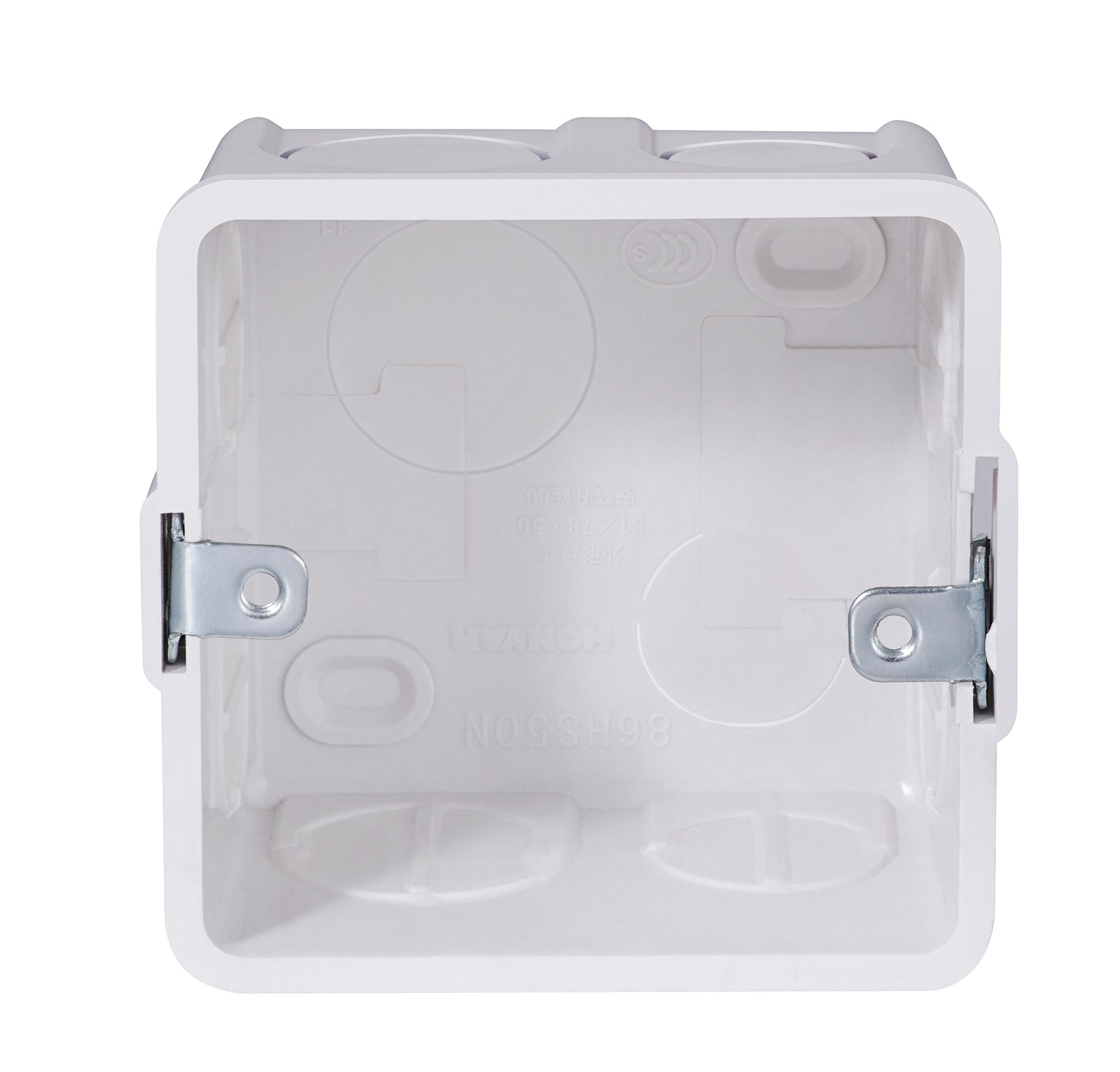 Indoor wall-mounted gang box for station setup, black plastic enclosure with multiple cable entry points.