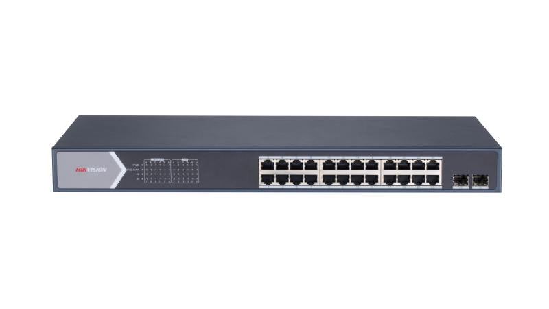 Hikvision Galaxy Security 26-port network switch with Power over Ethernet, black with multiple Ethernet ports and LED indicators.