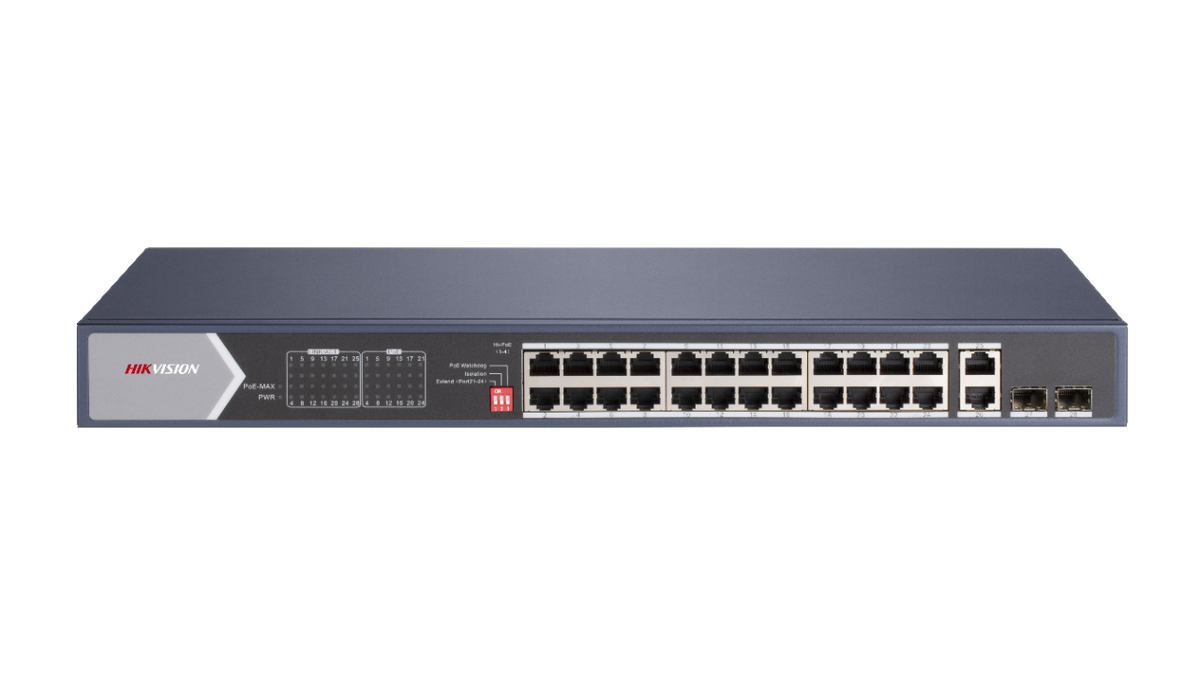 Hikvision DS-3E0528HP-E network switch with multiple Ethernet ports, black rectangular device for security network connectivity