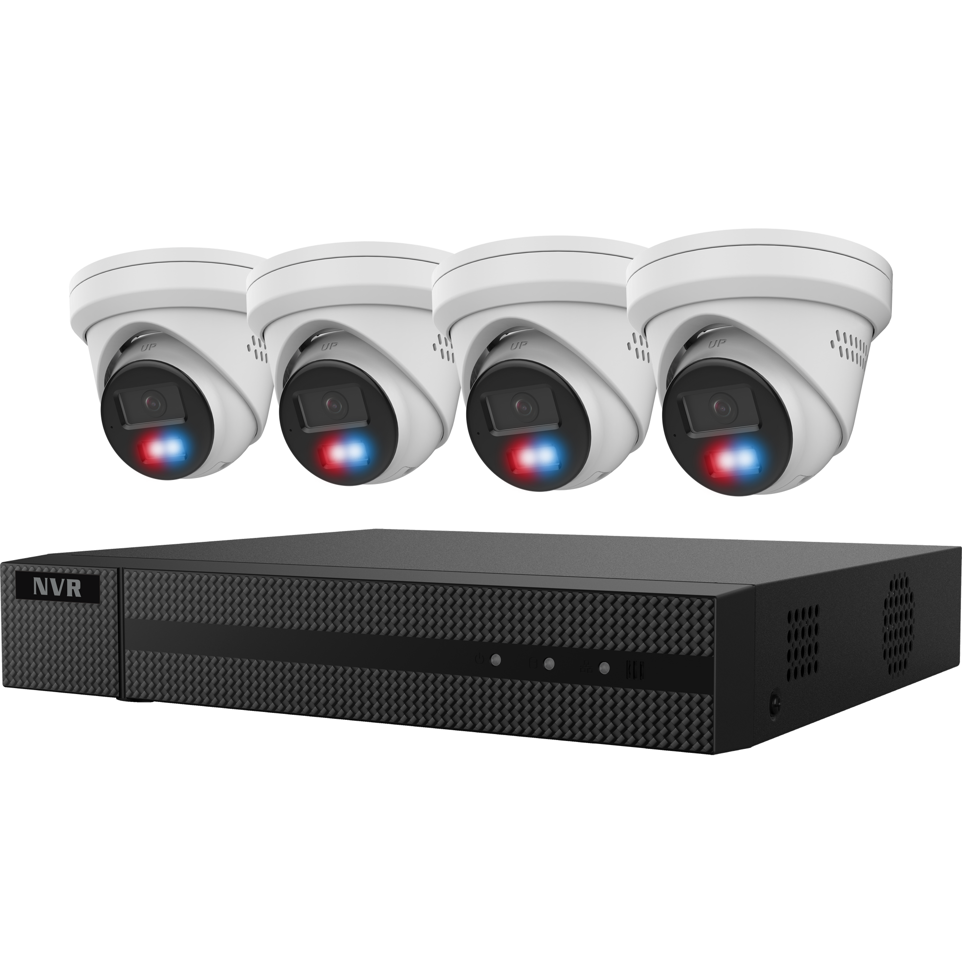 Galaxy Security Guarding Vision Kit with 4CH NVR, 2TB HDD, and four 6MP IP turret cameras in white color.