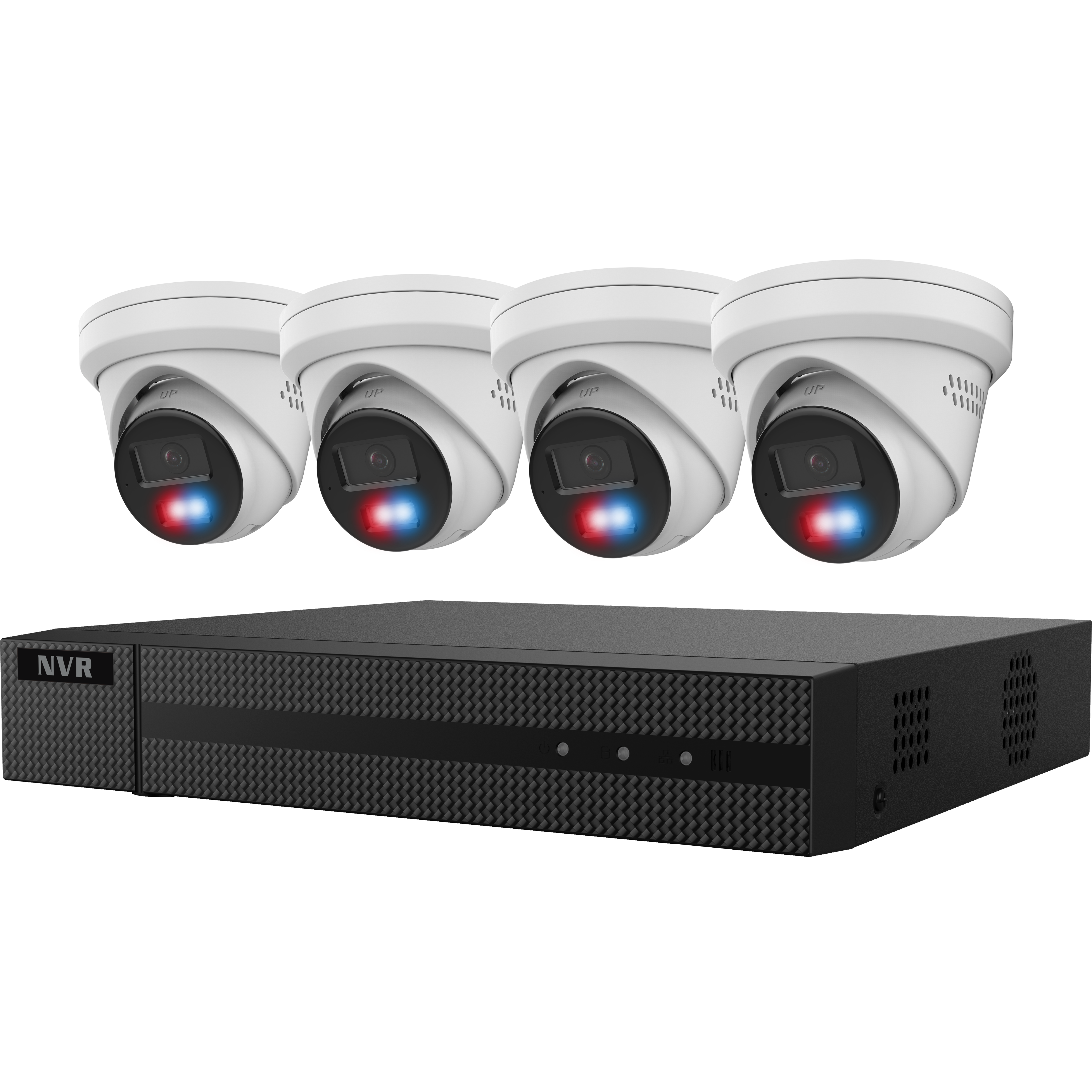 Galaxy Security Guarding Vision Kit with 4CH NVR, 2TB HDD, and four 6MP IP turret cameras in white color.