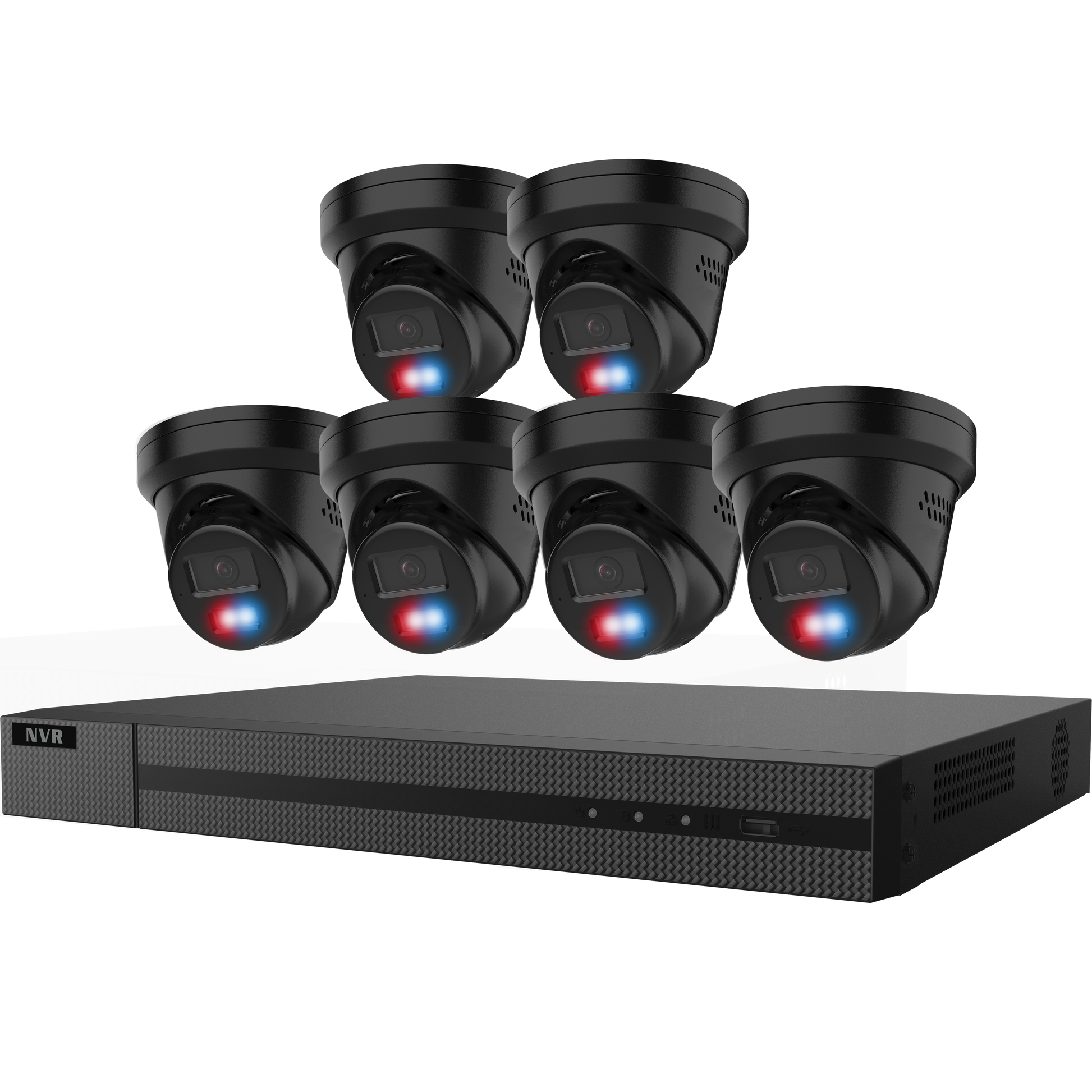 Galaxy Security 8CH NVR guarding vision kit with 6x 6MP IP turret cameras and 2TB HDD in black color.