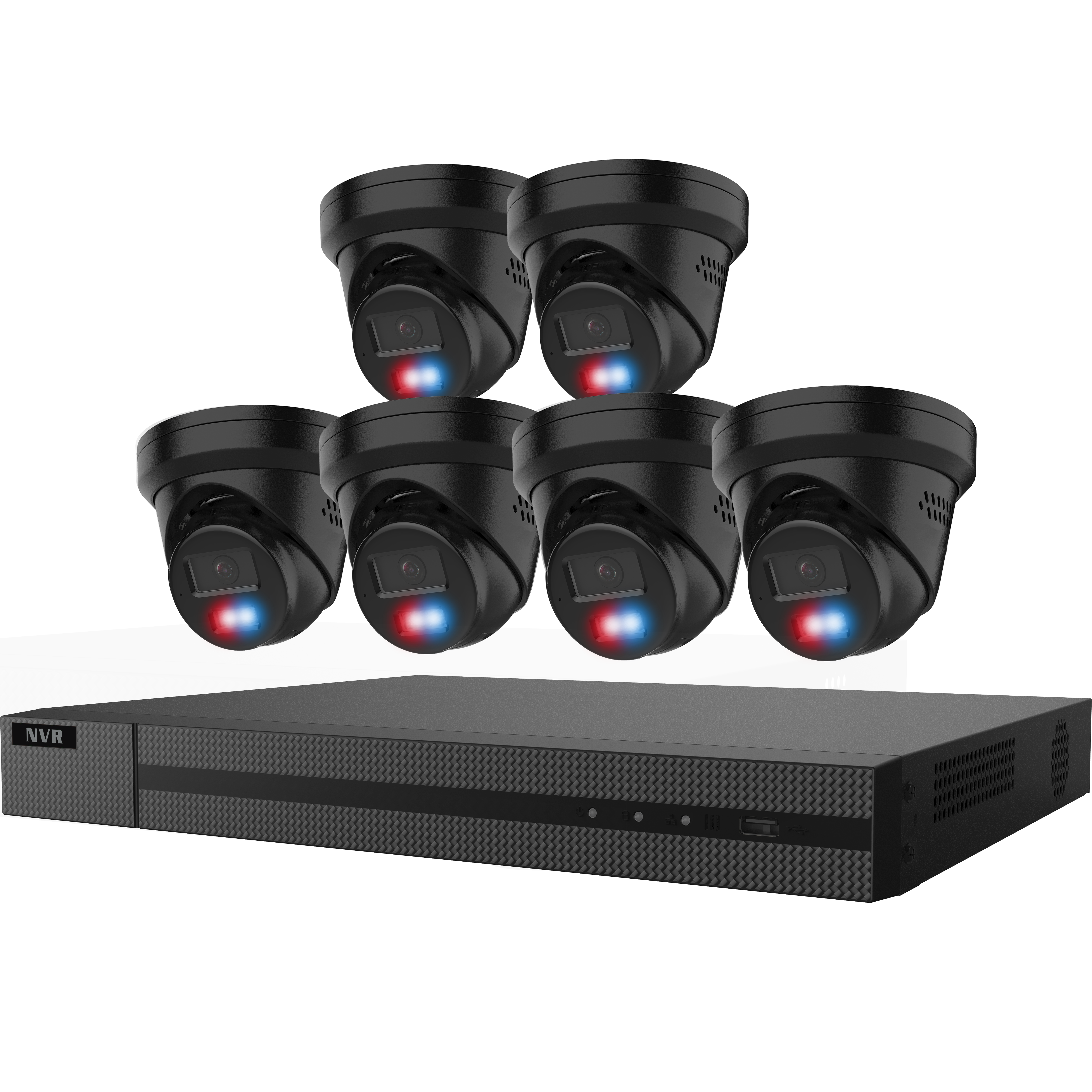 Galaxy Security 8CH NVR guarding vision kit with 6x 6MP IP turret cameras and 2TB HDD in black color.