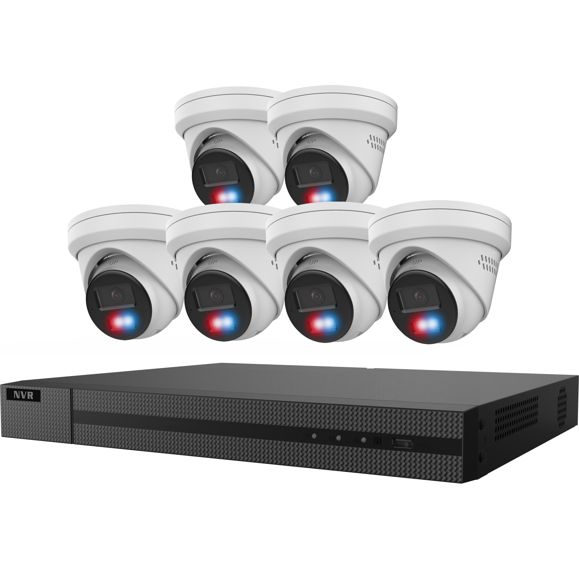 Galaxy Security Guarding Vision Kit with 8-channel NVR, 2TB HDD, and six 6MP IP turret cameras in white.