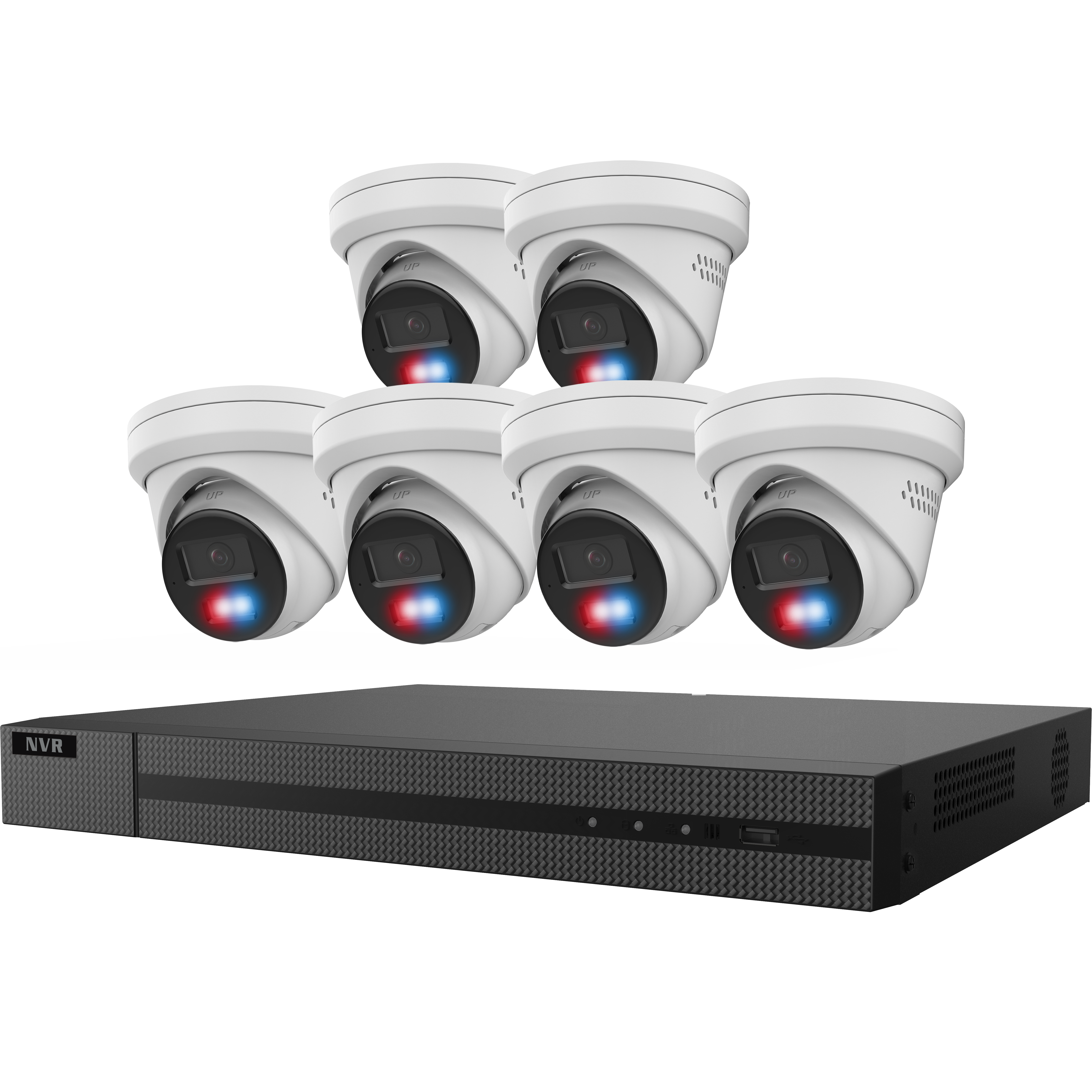 Galaxy Security Guarding Vision Kit with 8-channel NVR, 2TB HDD, and six 6MP IP turret cameras in white.