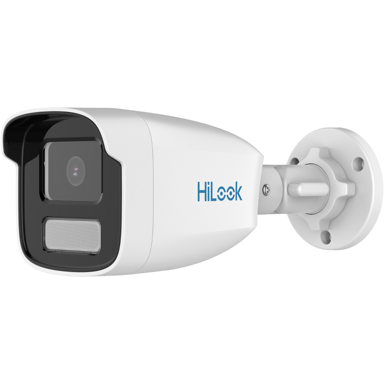 HiLook 4 MP ColorVu fixed bullet network camera with 4mm lens, showcasing the camera's black exterior and lens in a close-up view.