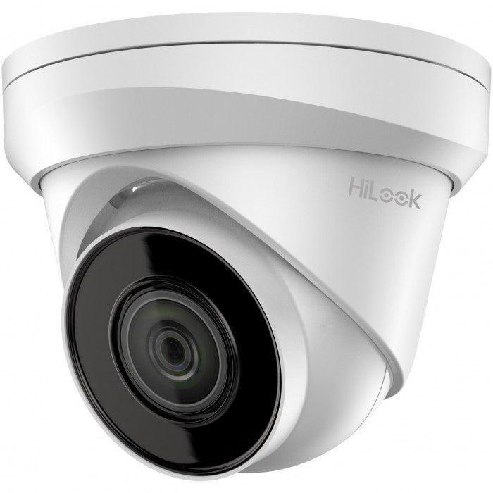 HiLook 4 MP fixed turret network camera showing black dome and lens, designed for security surveillance indoors or outdoors.
