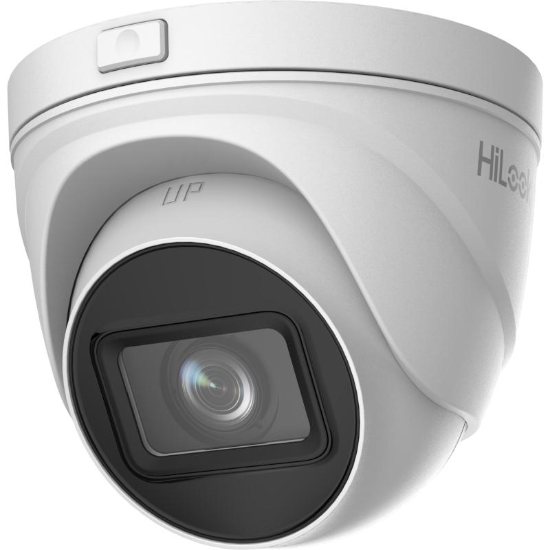 HiLook 4MP IR motorized varifocal IP turret camera with 2.8-12mm lens, black housing, suitable for surveillance.