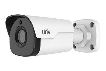 Uniview IPC2124SR3-DPF60 IR mini bullet camera with black weatherproof housing, mounted on a wall for surveillance.