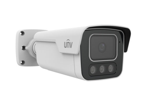 Uniview IPC2B18SS-ADF28KMC-I1 8MP HD fixed bullet network camera with intelligent light and audible warning features.
