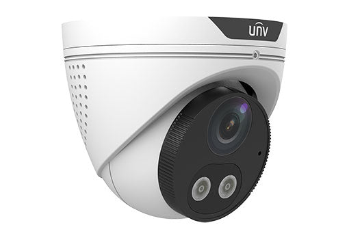 Uniview 4MP HD Dual Light Fixed Eyeball Network Camera, IPC3614SR3-ADF28KMC-DL, capturing a black security camera against a wall.