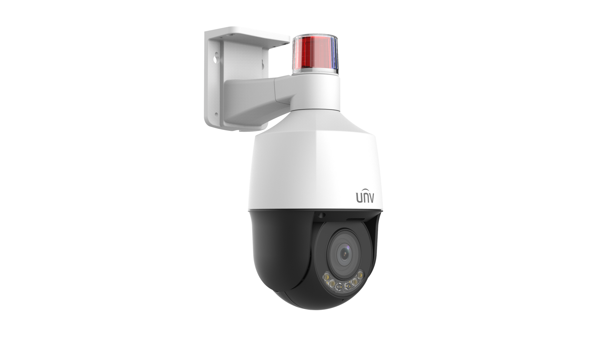 Galaxy Security Uniview IPC6324LWH-AX5C-VG2 4MP PTZ camera with warm light, 5x zoom, Tri-Guard protection, and Wise-ISP technology.