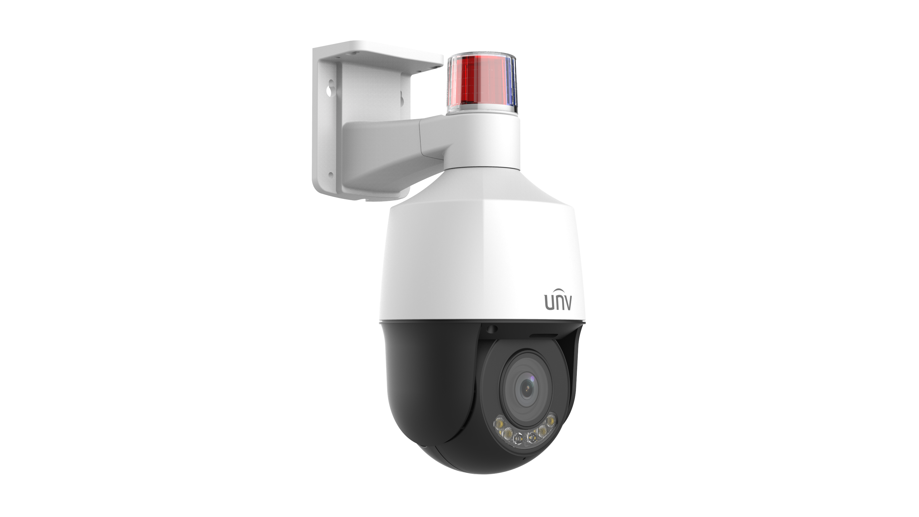 Galaxy Security Uniview IPC6324LWH-AX5C-VG2 4MP PTZ camera with warm light, 5x zoom, Tri-Guard protection, and Wise-ISP technology.