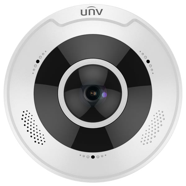 Uniview 5MP fisheye fixed dome network camera IPC815SB-ADF14K-I0 showing its round, compact design and lens details.