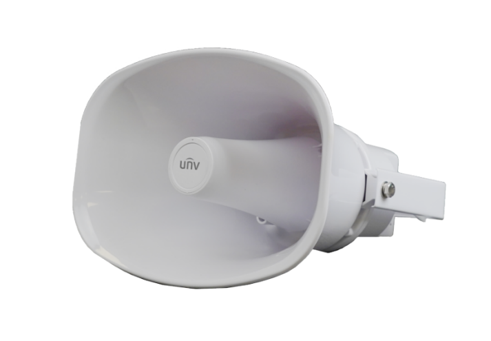Uniview IPS3020-S Horn IP Speaker 30W mounted on wall, black outdoor security speaker with weather-resistant design