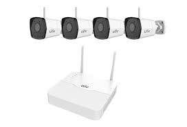 Uniview 4-channel IP security camera kit with four cameras, housing, and mounting accessories for surveillance.
