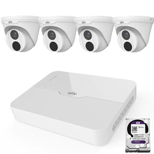 Uniview 8-channel IP security camera kit with four 3614LB-PF28 cameras and 2TB storage, suitable for home or business security.