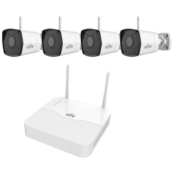 Uniview 8-channel 4-camera 2MP bullet WiFi security camera kit with wireless outdoor cameras and mounting accessories.