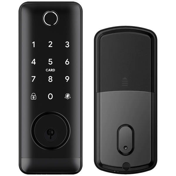 Smart door lock keypad LA-01 by My Store showing the digital keypad and sleek lock design on a door.