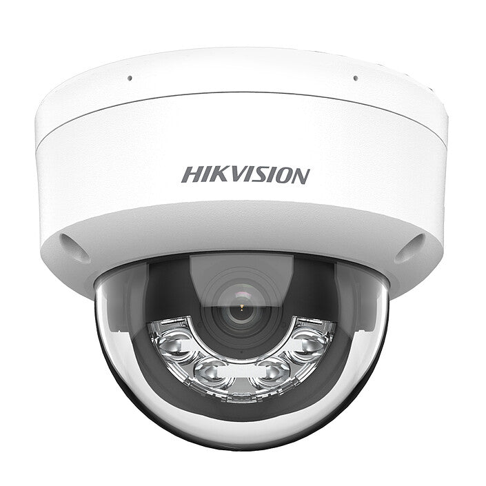 Hikvision 8MP dome IP camera DS-2CD2183G2-LIS2U with 2.8mm lens, black security camera mounted on ceiling