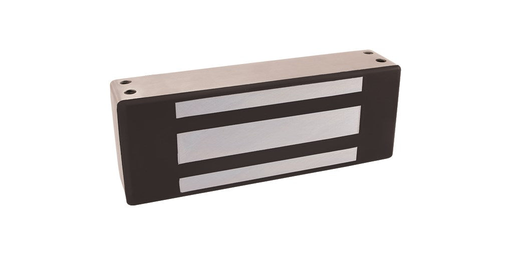 Magnetic lock, Securitron M62 Magnalock, with stainless steel housing and electrical wiring for secure access control.