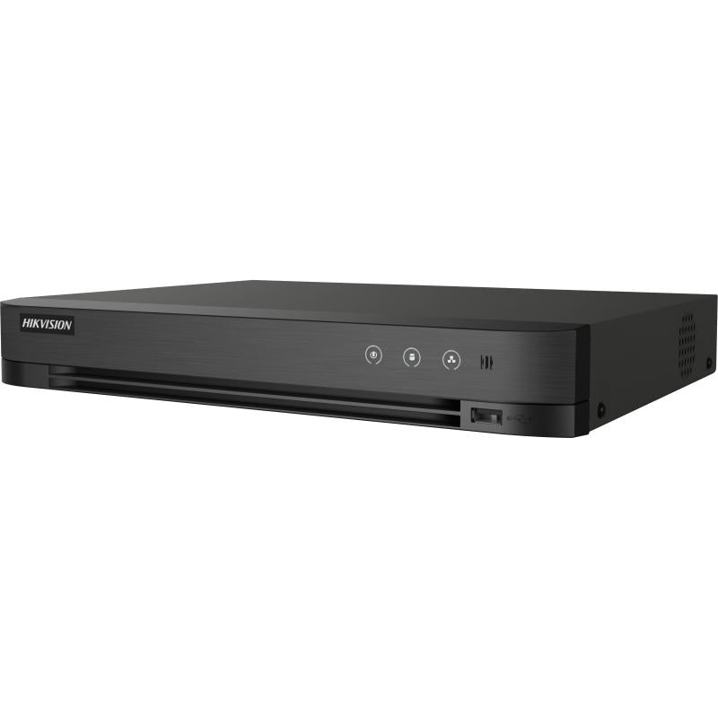 Hikvision iDS-7204HUHI-M1/XT digital video recorder with multiple ports and connectivity options for security surveillance.